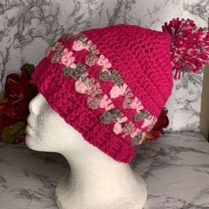 Handmade Bright Fuchsia Pink Chunky Knit Floral Beanie with Pom Pom